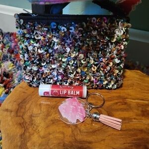 New 3 Set Gift Bundle- Sequin Wallet, Pink & Clear Keychain, Strawberry Lip Balm